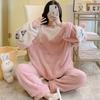 Long Fleece Stitch Pajamas For Women Autumn And Winter Flannel Long Sleepwear Thickened Warm Suit Round Neck  Plus Large Size