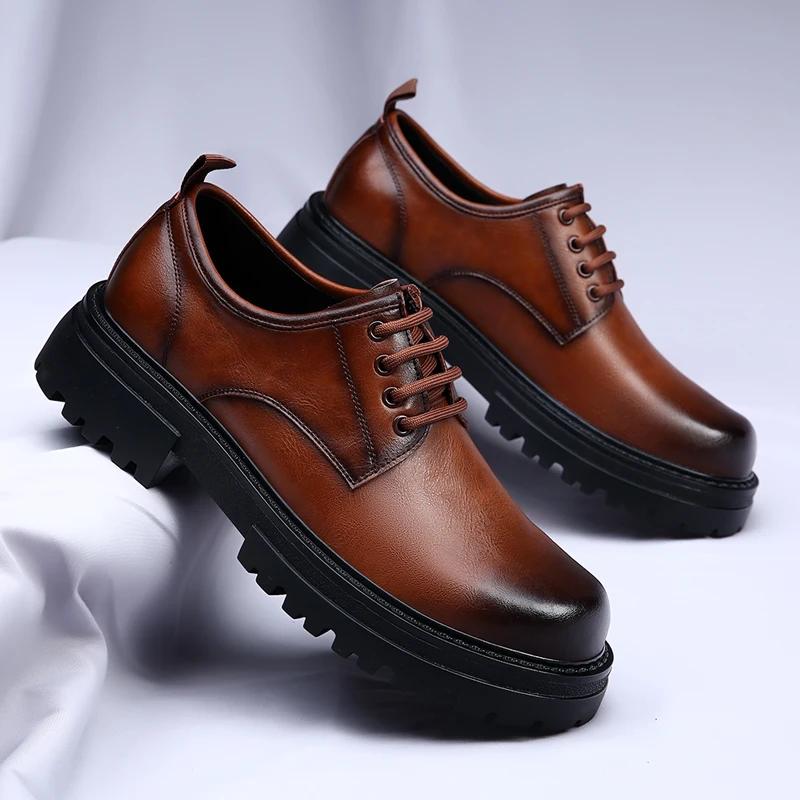 Туфли мужские из натуральной кожи на шнуровке, оксфорды на толстой платформе, деловая обувь, официальная обувь с круглым носком, винтажная обувь