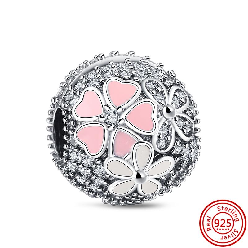 100% S925 Серебристый Фиолетовый Розовый Бабочка Цветы Клевер Сердце Модные Бусы Подходит Оригинальные Подвески Браслет Женщины Изящные Ювелирные Изделия