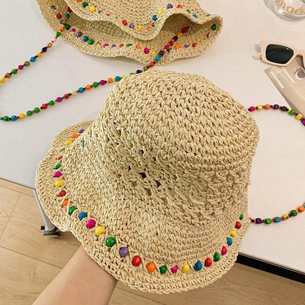 Color Wood Beads Straw Hat Large Brim Sunshade Hat New Sunscreen Hat
