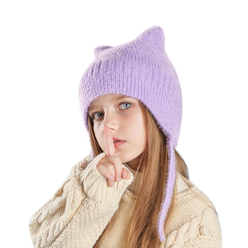 Новые детские шапки, милые вязаные шерстяные шапки с кошачьими ушками, зимние шапки для мальчиков и девочек, детские защитные капюшоны, модные уличные теплые цветные шапки