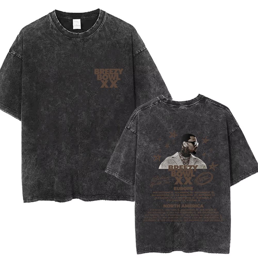 Washed Chris Brown Music Album Cover Print Tshirt Breezy Bowl XX Tour Merch T Shirts Men Women Hip Hop High Quality Tshirt