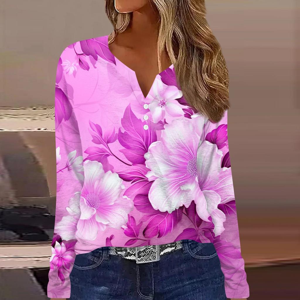 Women's T Shirt Tee Button Print Long Sleeve Daily Weekend Fashion Basic V Neck Regular Top