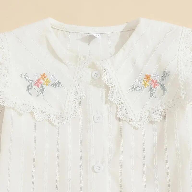 Рубашка с длинными рукавами для маленьких девочек, топ с цветочной вышивкой и лацканами, детская одежда