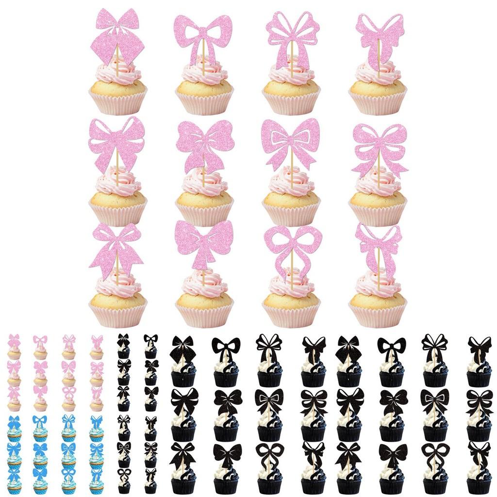 Birthday Party Cake Decoration With Gold Glitter Paper Bows And Flags For Festive Celebration