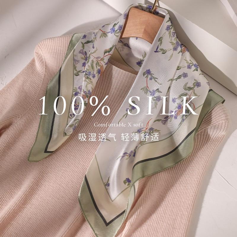 100% Pure Mulberry Silk Square Scarf Women Light Green Floral Print Lightweight Accessory 53x53cm