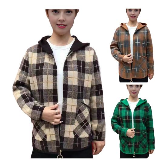 Women's Plaid Shacket Jacket Casual Wool Blend Long Sleeve Zip Up Hooded Jacket Fall Winter Warm Coat
