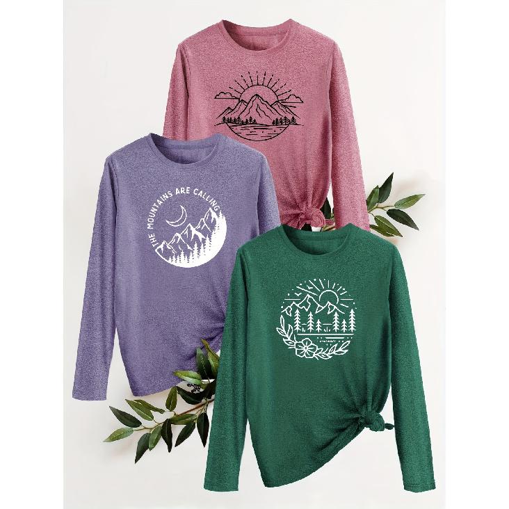 Three-piece set Mountain and forest natural print fashion retro style women's casual sports top with round neck and long sleeves T Shirt