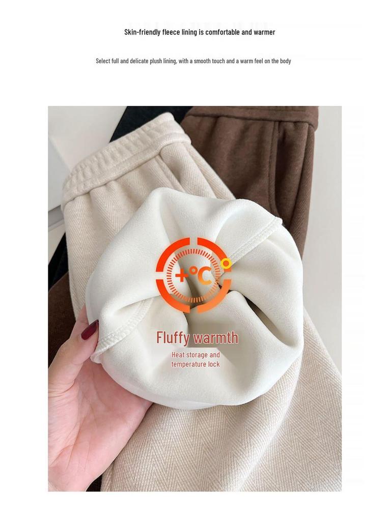 Женские брюки 2024 года из шерстяного флиса в елочку на подкладке с разрезом и прямыми штанинами для повседневной носки осенью/зимой