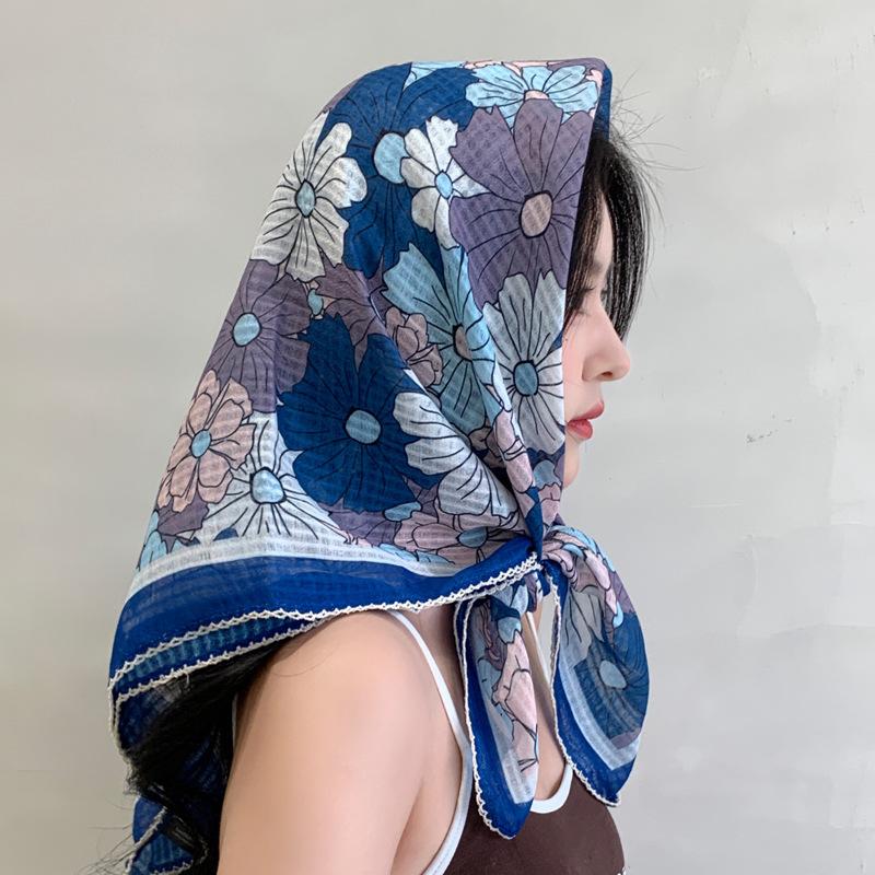 91Cm small floral large square scarf cotton and linen silk scarf women's versatile thin sunscreen scarf shawl outer headscarf yarn