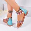Мода 2025 Женские Летние Модные Богемные Этнические Красочные Лоскутные Римские Сандалии на Плоской Подошве с Открытым Носком на Молнии Пляжная Обувь