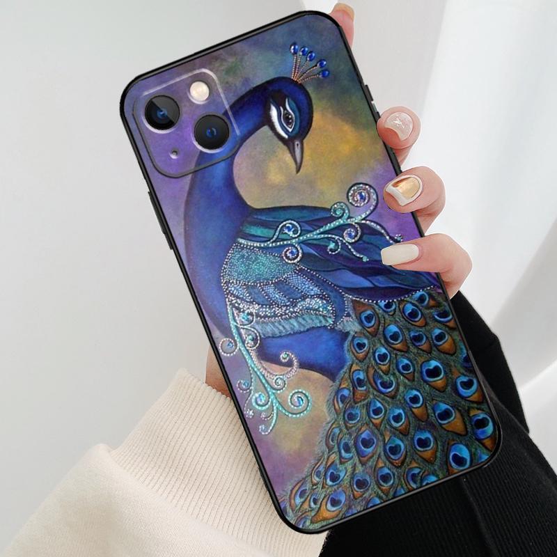 Bird Peacock Feather Phone Case For iPhone 13 14 15 16 Pro Max 11 12 XS XR X Plus Shockproof Bumper Soft Cover