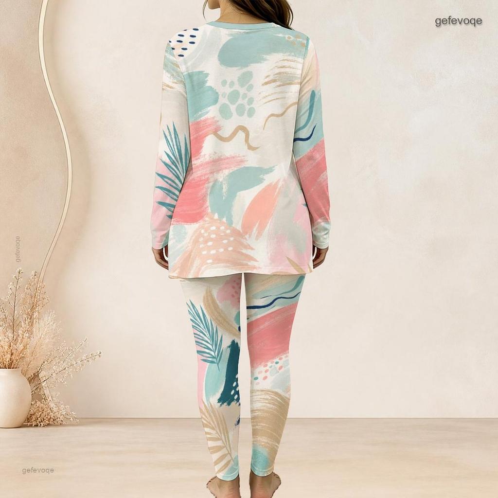 Women Plus Size Printed Two Piece Set Round Neck Long Sleeve Longline Top Fitted Long Pants