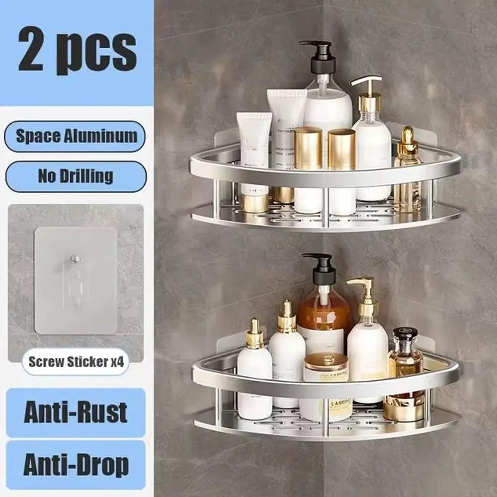Kitchen Storage Bathroom Shelves Organizer Aluminum Alloy Shower Shelf  Accessories Shampoo Rack Multi-scenario No Drill Shelf