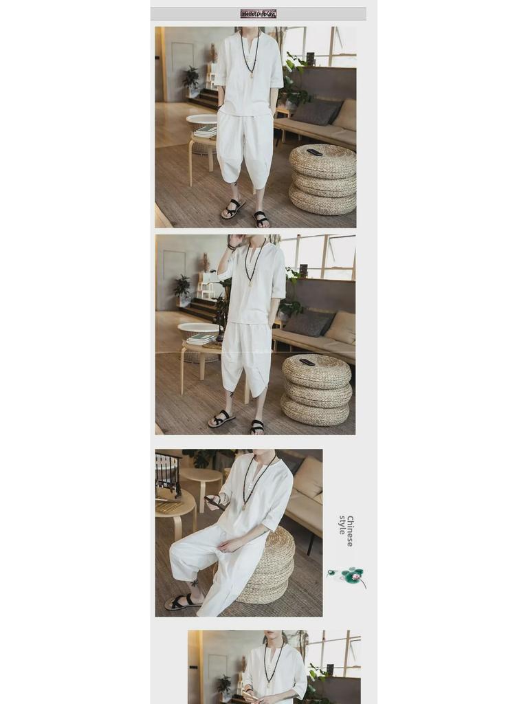 Men's Linen Cotton T-Shirt and Shorts Set - Large, Loose Fit, Short-Sleeved, Casual Summer Wear