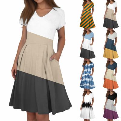 Женское летнее повседневное платье с принтом, V-образным вырезом, короткими рукавами и карманами