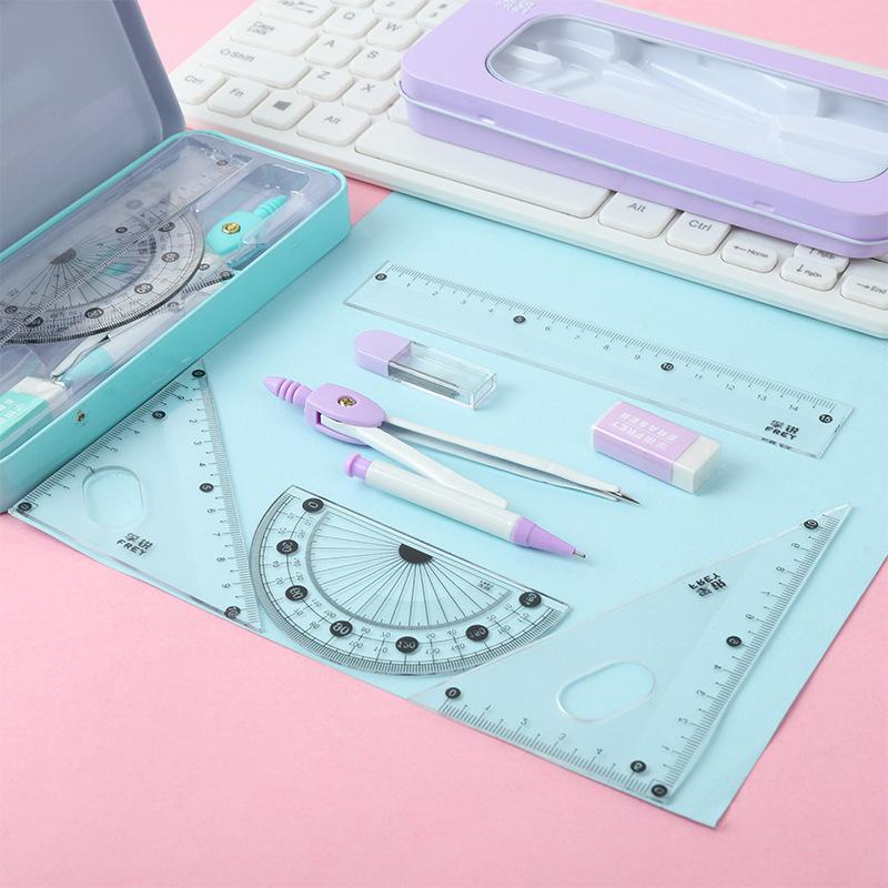 Набор из 7 инструментов для измерений и рисования - Подходит для студентов, включает циркули, транспортиры, линейки и ластики.