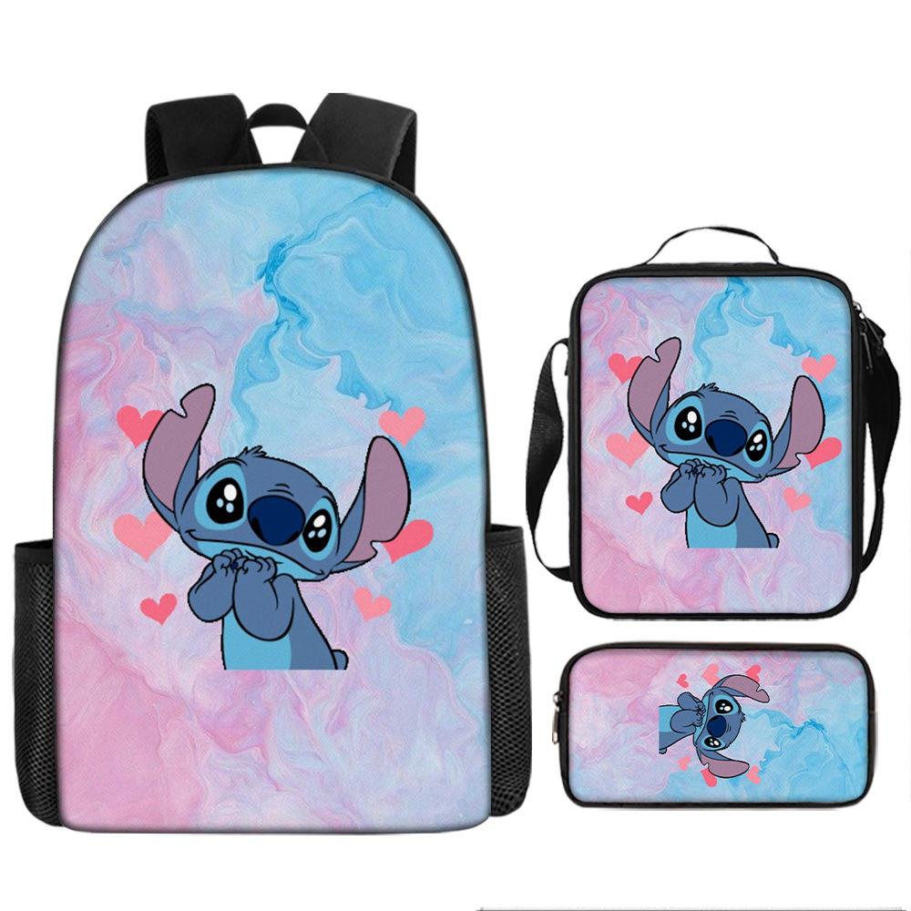 Stitch Backpack Set 3-Piece Lilo & Stitch School Backpack Insulated Lunch Bag Pencil Case Oxford Cloth Large Capacity