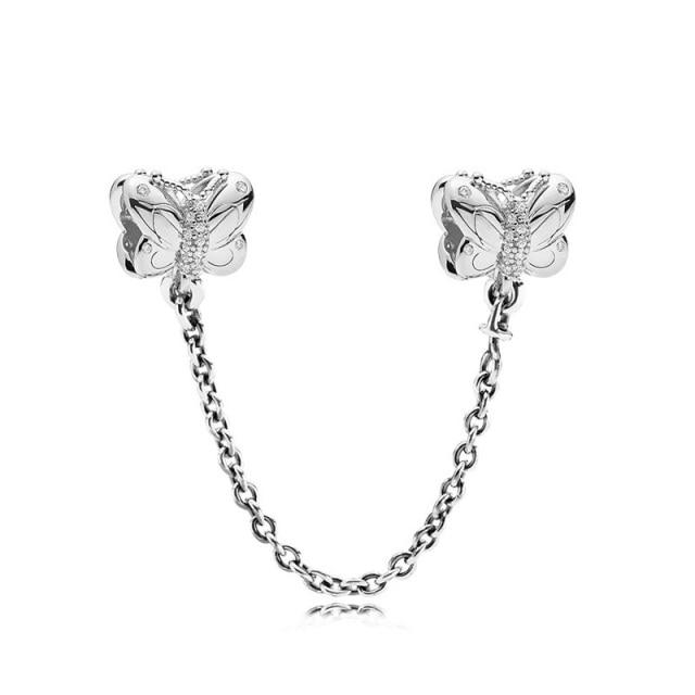Silver 925 Zirconia Butterfly Flower Crown Safety Chain Charm Bead Fit Bracelet Pendant DIY Jewelry For Women