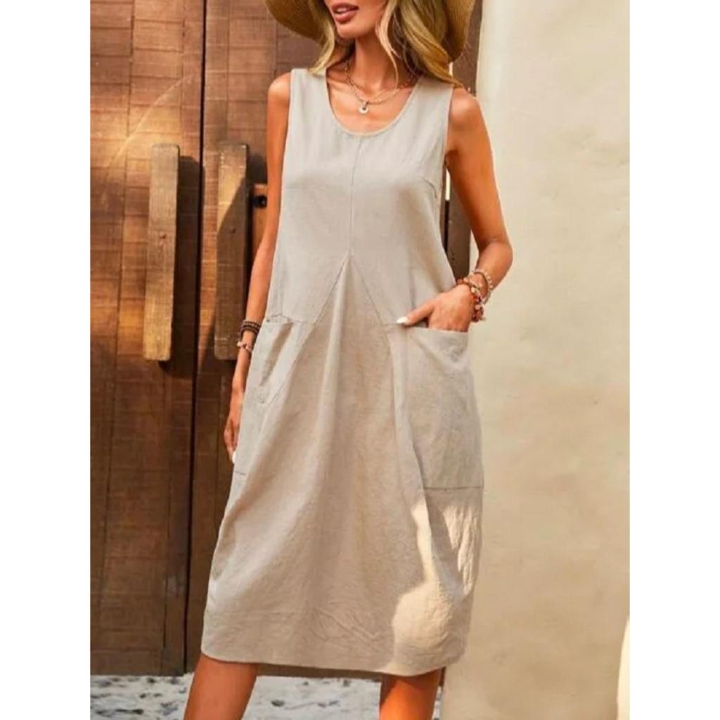 2025 Новое женское платье из хлопка и льна без рукавов, однотонное свободное платье с U-образным вырезом, повседневное
