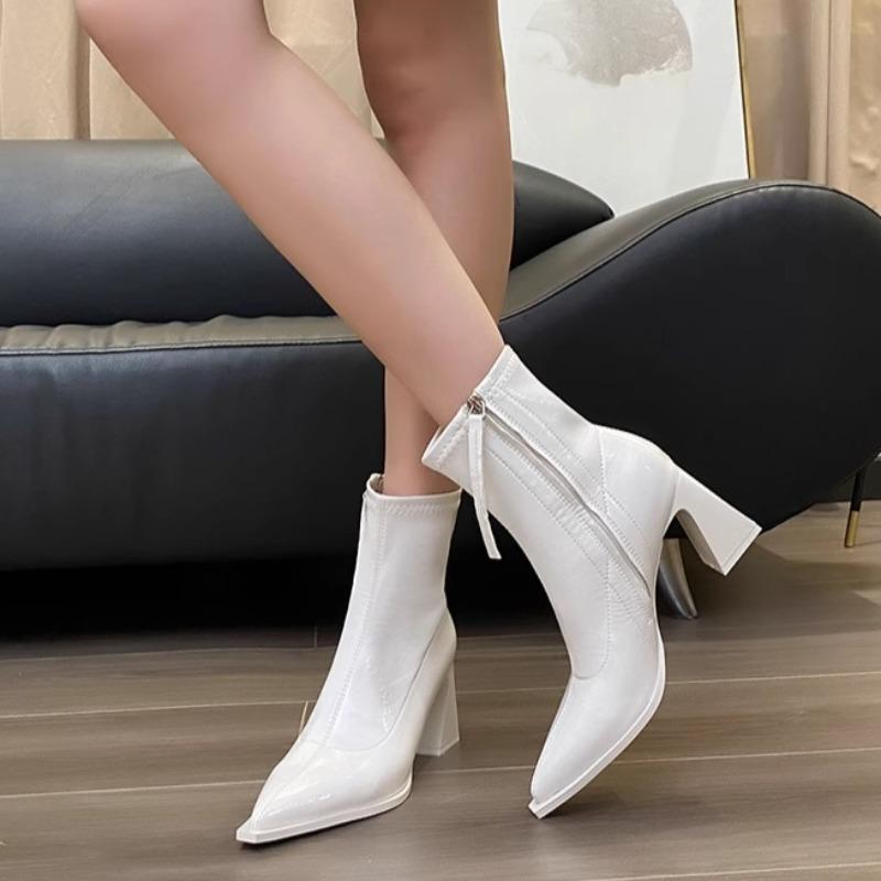 Fashion Women's Fashion Chunky Single Boots Fall New Pointy Side Zipper Anti-slip Wear-resistant Short Boots