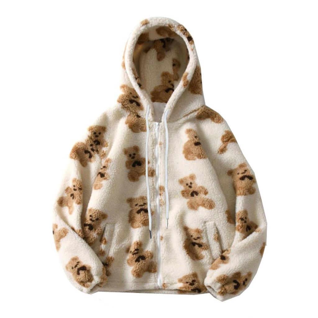 Autumn Winter Women's Hooded Plush Bear Printed Cartoon Sweater Women's Winter Warm Jacket Fleece Jacket