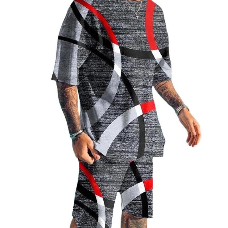 Asian Size Europe and the United States New 3D Digital Printed Men's Casual Fashion Sports Men Short Sleeve Up and Down Two Sets