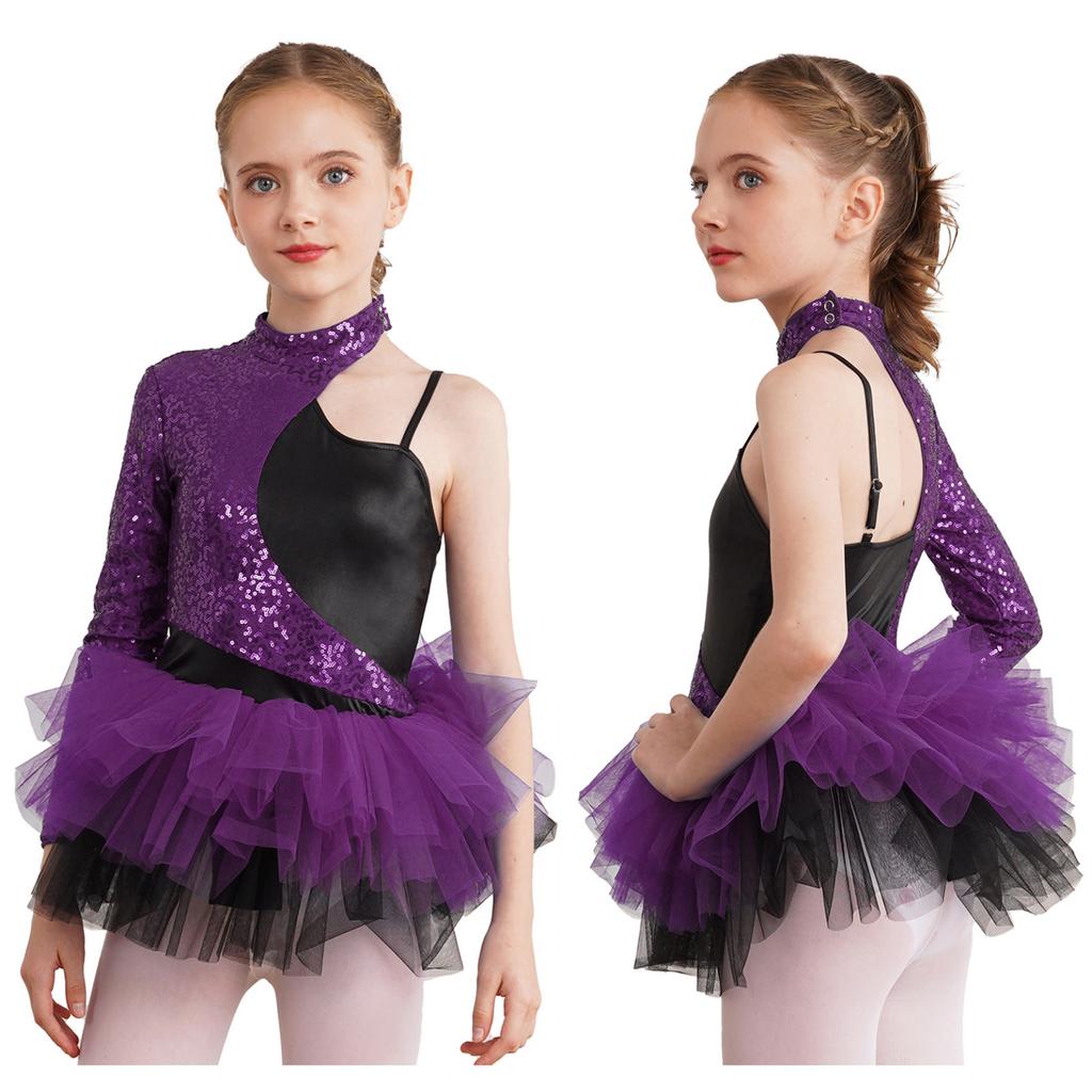 Kids Girls Shiny Sequin Jazz Latin Dance Dress Asymmetrical Sleeves Tulle Party Dress Ballet Dance Leotard Dress