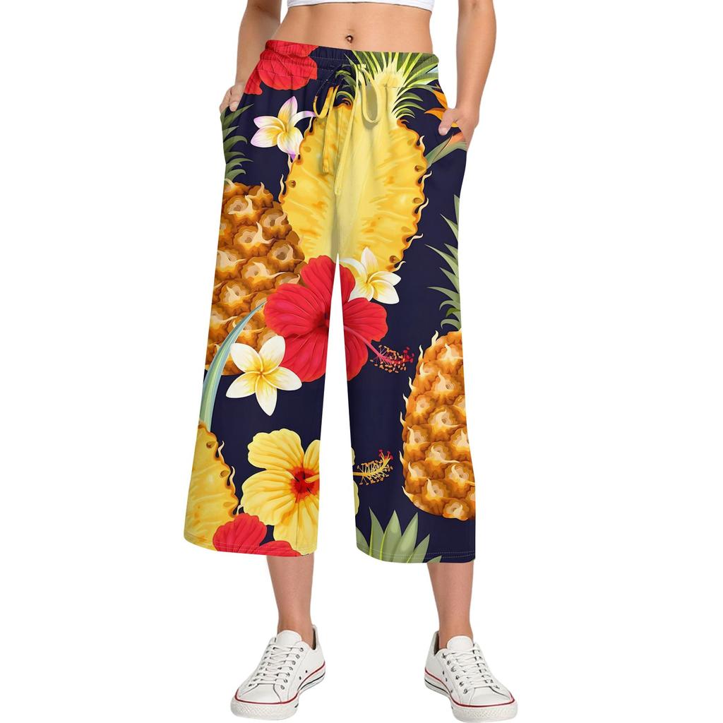 Женские летние повседневные спортивные брюки с высокой талией и принтом, укороченные брюки свободного покроя