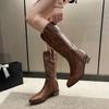 Fashion Comemore Retro Rivet Long Boots Women Low Heel Cowboy Western Pu Leather Knee High Gothic New Ladies Shoes Vintage Brown Botas