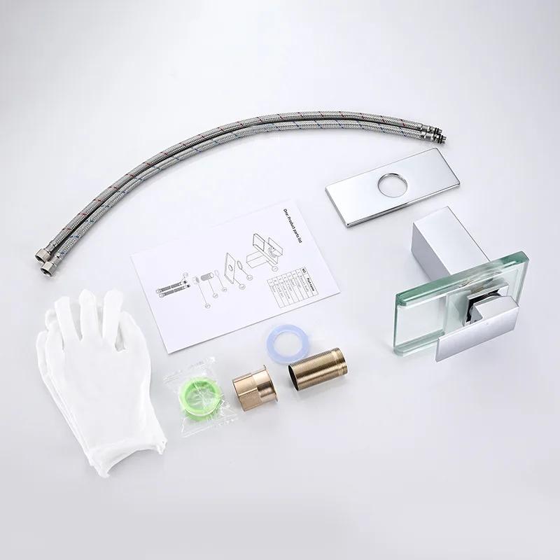 Смеситель для раковины Водопад LED 3 Цвета Стеклянный Излив Ванная Комната Работа от Батарейки Смеситель для Раковины Хром Монтаж на Столешницу Горячая Холодная Вода