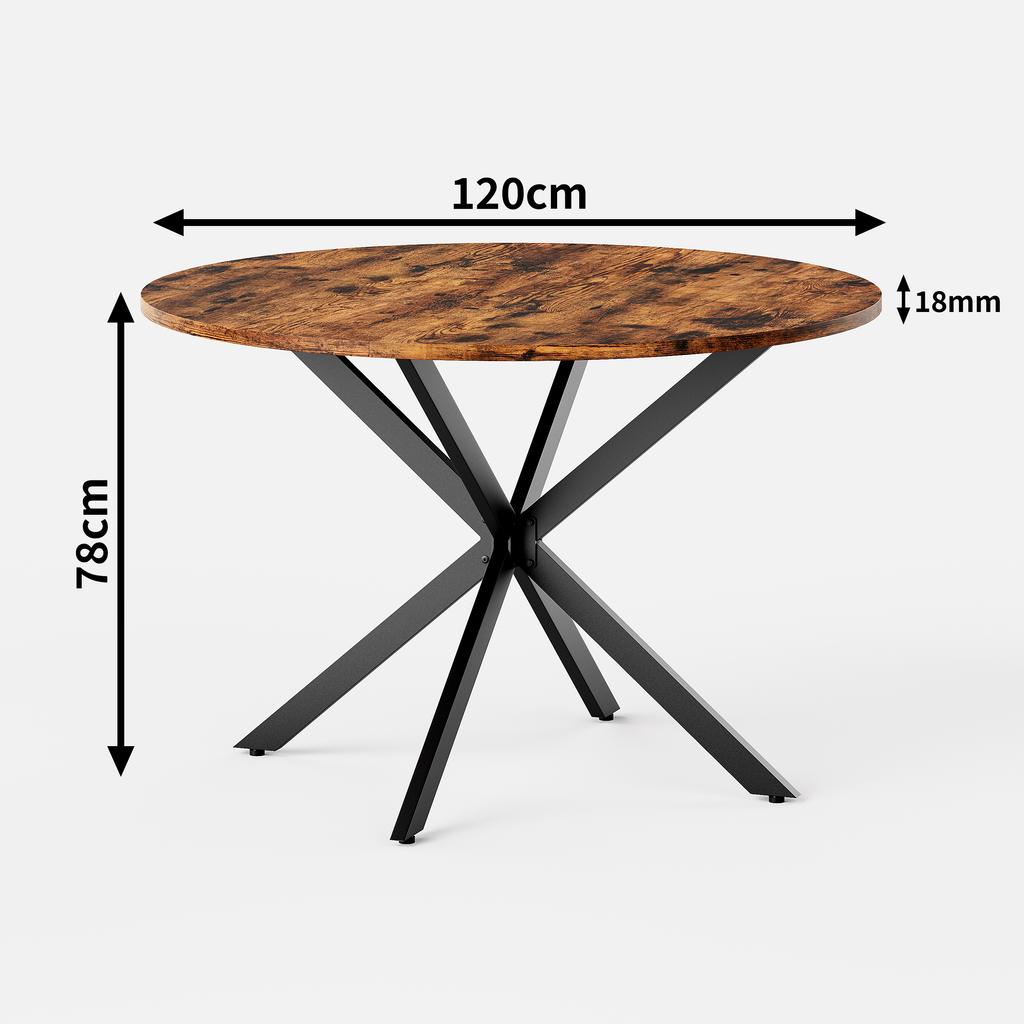Round Dining Table Industrial Style diameter 120 cm Spacious with X-Legs Vintage Brown-Black Kitchen Living Room