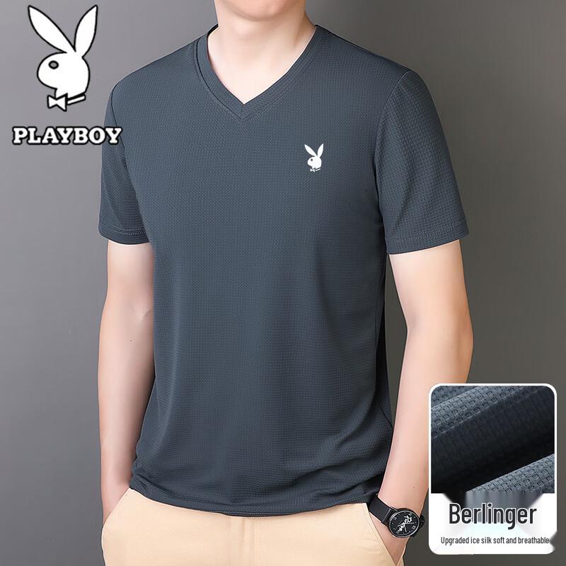 PLAYBOY Мужская футболка с коротким рукавом и V-образным вырезом из ледяного шелка