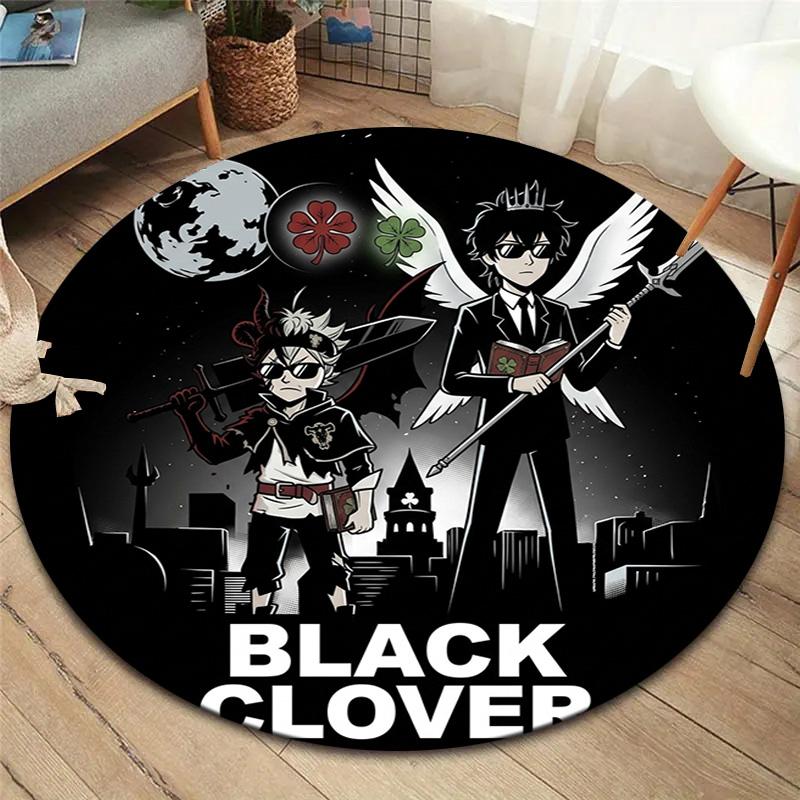 Black Clover Round Area Rug Carpet Rug For Living Room Bedroom Sofa Playroom Decor Nonslip Floor Mat