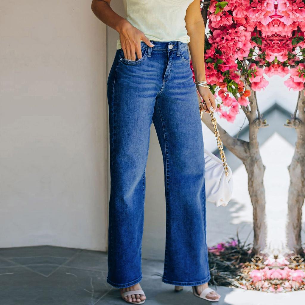 Women's Mid-Rise Stretch Jeans Fashion Straight Leg Denim Pants With Pockets