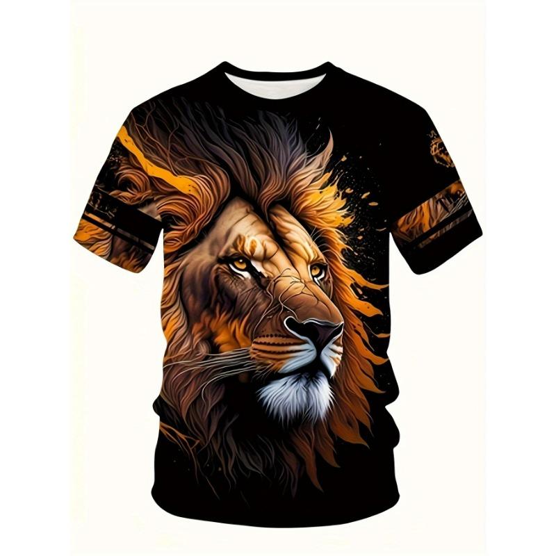 Men's Majestic Lion Printed T-Shirt Casual Short Sleeve Crewneck Top Cool Orange Splash Animal Graphic Tee Hip Hop Style Streetwear Fashion Clothing