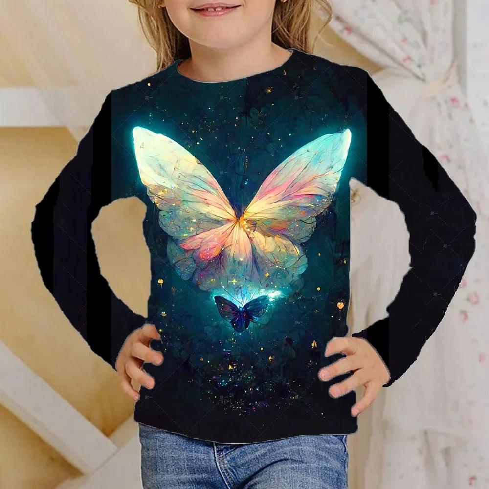Children's Colorful Butterfly 3D Digital Printed Girl's Casual and Comfortable Round Neck Long Sleeve T-shirt