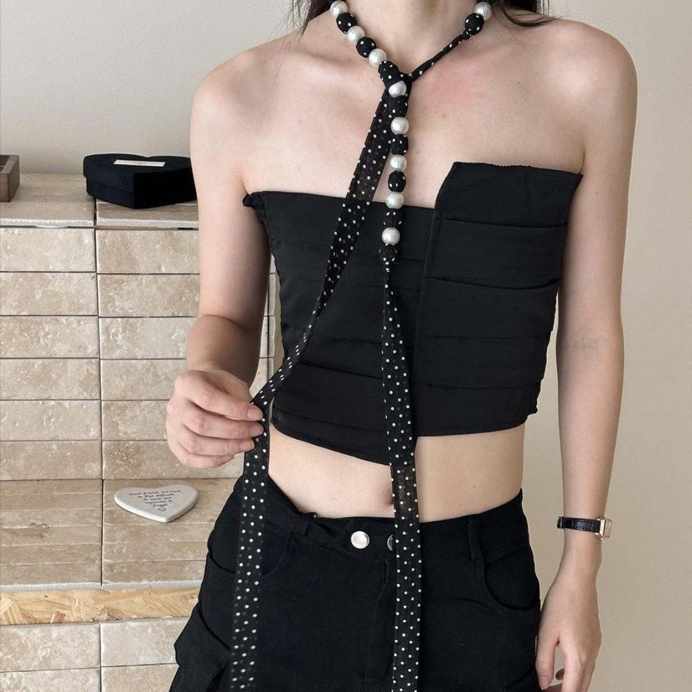 Ribbon Pearl Necklace Scarf Adjustable Polka Dots Scarf All-match Waist Chain Summer Season