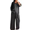 Women's Cotton Linen 2 Piece Outfit Casual Long Sleeve Button Down Drawstring