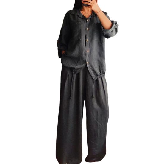 Женский комплект из хлопка и льна, 2 предмета, повседневная блузка с длинным рукавом на пуговицах и брюки с широкими штанинами, с кулиской по низу, для отдыха