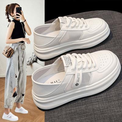 Кожаные сетчатые дышащие летние белые туфли, женская обувь, новые туфли на толстой подошве, увеличивающие рост, повседневные туфли из двух предметов, одинарные туфли