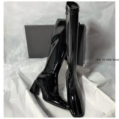 Лакированная кожа высокие каблуки длинные сапоги женские 2024 осень квадратный носок до колена ботинки женские с боковой молнией толстые каблуки женские