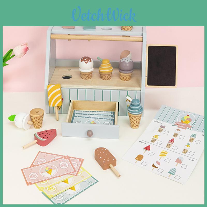 Wooden Role Play Ice Cream Stand With Snack Accessories For Boys And Girls