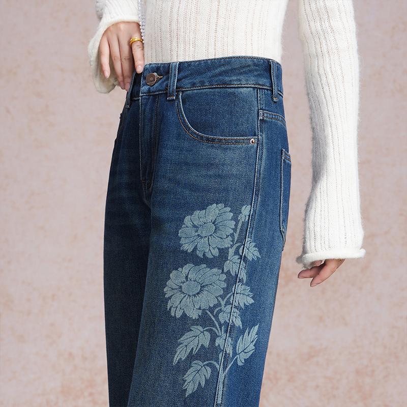 Side floral print wide-leg straight jeans women's high waist autumn loose drape niche design trousers