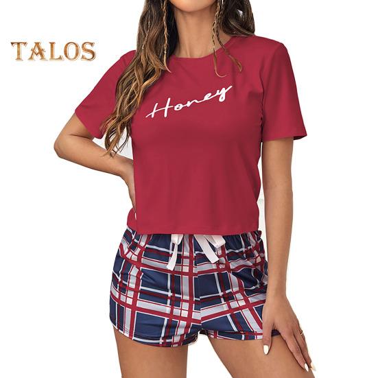 2 шт./компл., женский летний пижамный комплект с круглым вырезом и буквенным принтом, футболка с короткими рукавами и эластичной резинкой на талии, клетчатый узор, домашняя одежда, комплект из двух предметов, одежда для сна