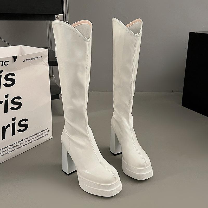 Модные женские сапоги Модные Удобные Черные Белые Сапоги до колена Мягкая кожа Массивный каблук Длинные сапоги Элегантные женские Ретро сапоги Botas Mujer