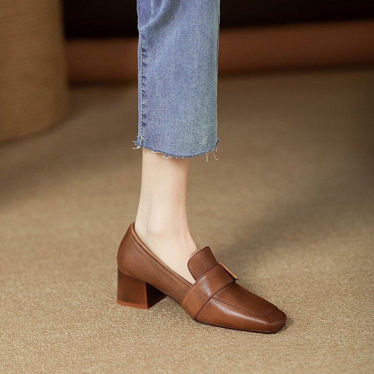 Fashion Spring Fall Winter Leather Square Head Hairy Shoes Single Shoes Female British Style Padded Medium Thick Heel One Footsteps Le Fu Shoes