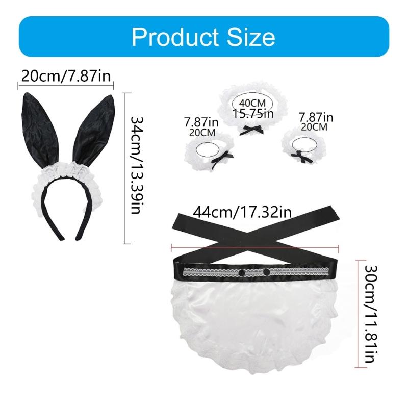 5Pcs Womens Bunnies Costume Accessories Set Rabbit Ears Headband Bows Tie Collar Cuffs Apron Maid Outfits for Womens