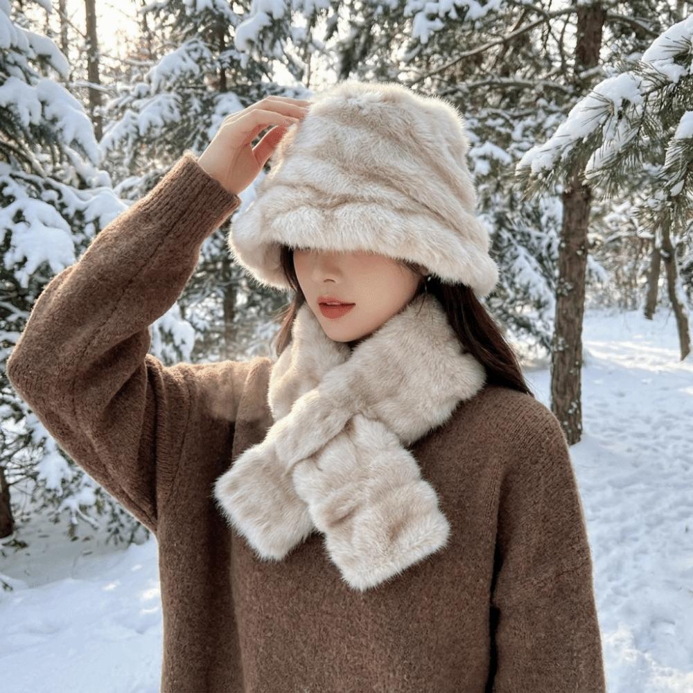 Windproof Winter Hat Scarf Set Thick Fur Snood Scarf Fashion Faux Fur Hat Scarf Set Skiing Holiday