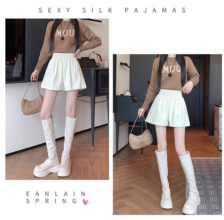 Женские коричневые кожаные шорты с высокой талией - осень/зима 2023 года, облегающий широкий силуэт, из искусственной кожи.